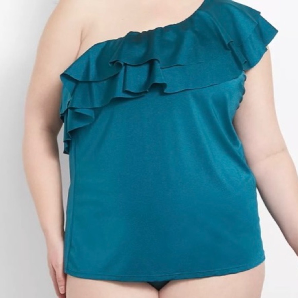 SWIM BY CACIQUE Shimmer One- Shoulder Ruffle Relaxed Top & Lattice Brief sz 16